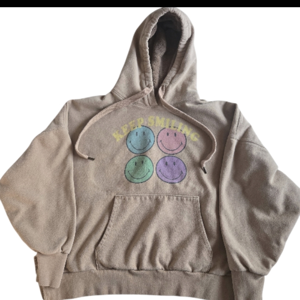 American Eagle Outfitters Tan Hoodie Saying 'KEEP SMILING' - Size XS Adult